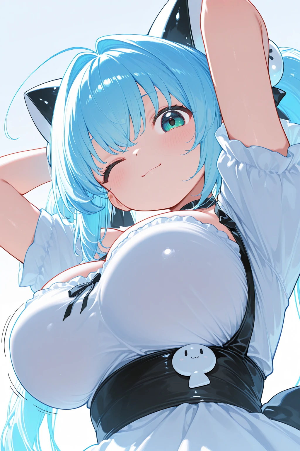 Happy woman, with wolf ears and blue hair, holding her cheeks, wolf tail, wearing a latex dress, looking at veiwer, full body, you can see her chest, naked breasts