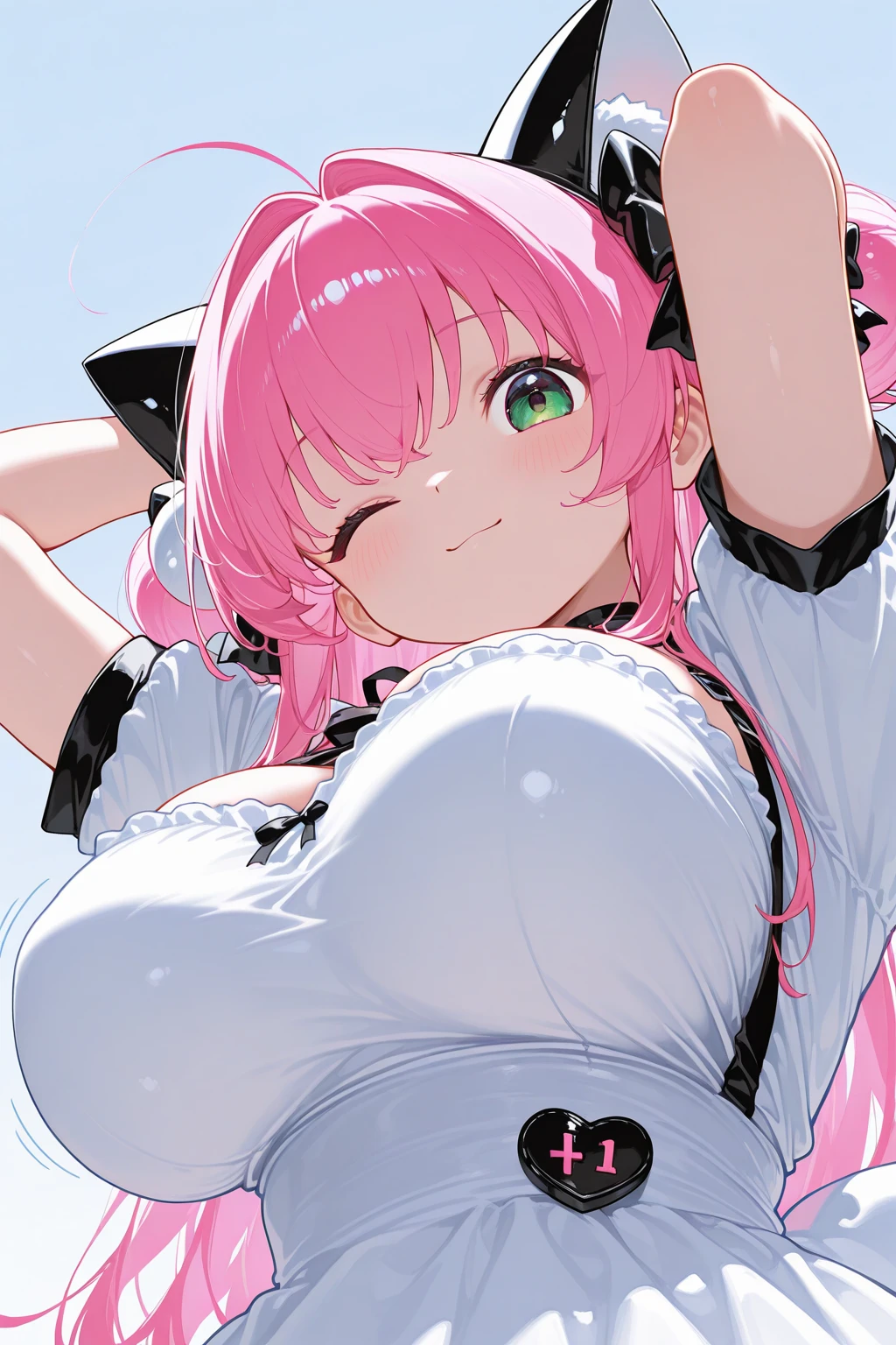masterpiece, best quality, highres, aalala, long hair, ahoge, hair ornament, green eyes,pink hair, , (((huge breasts))), ,,looking viewer,indoor,,maid costume