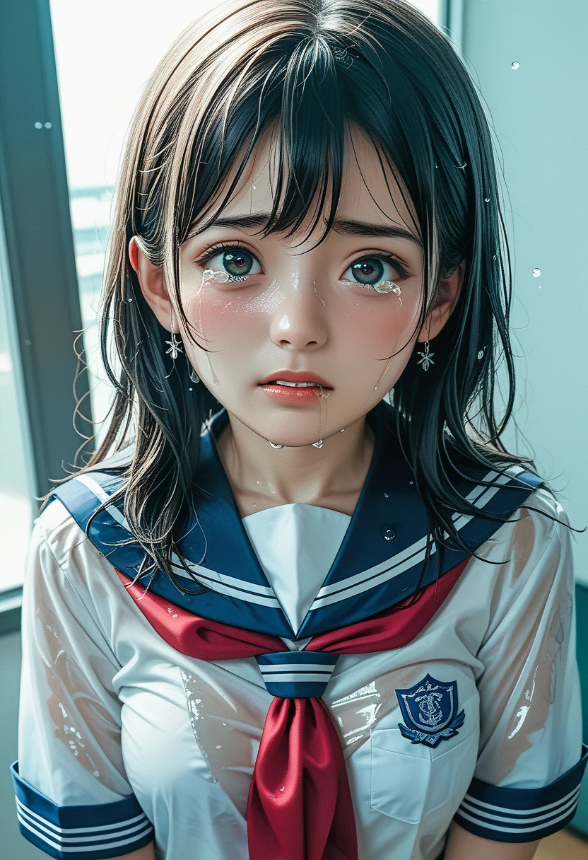 the last crew of a spaceship, astronaut young woman, console panels, galaxy outside window, tears running on her cheeks:1.4, illustration,shading lineart, shading, lineart, 2.5D, Score_9, Score_8_up, Score_7_up,cowboy shot,sad expression, crying,