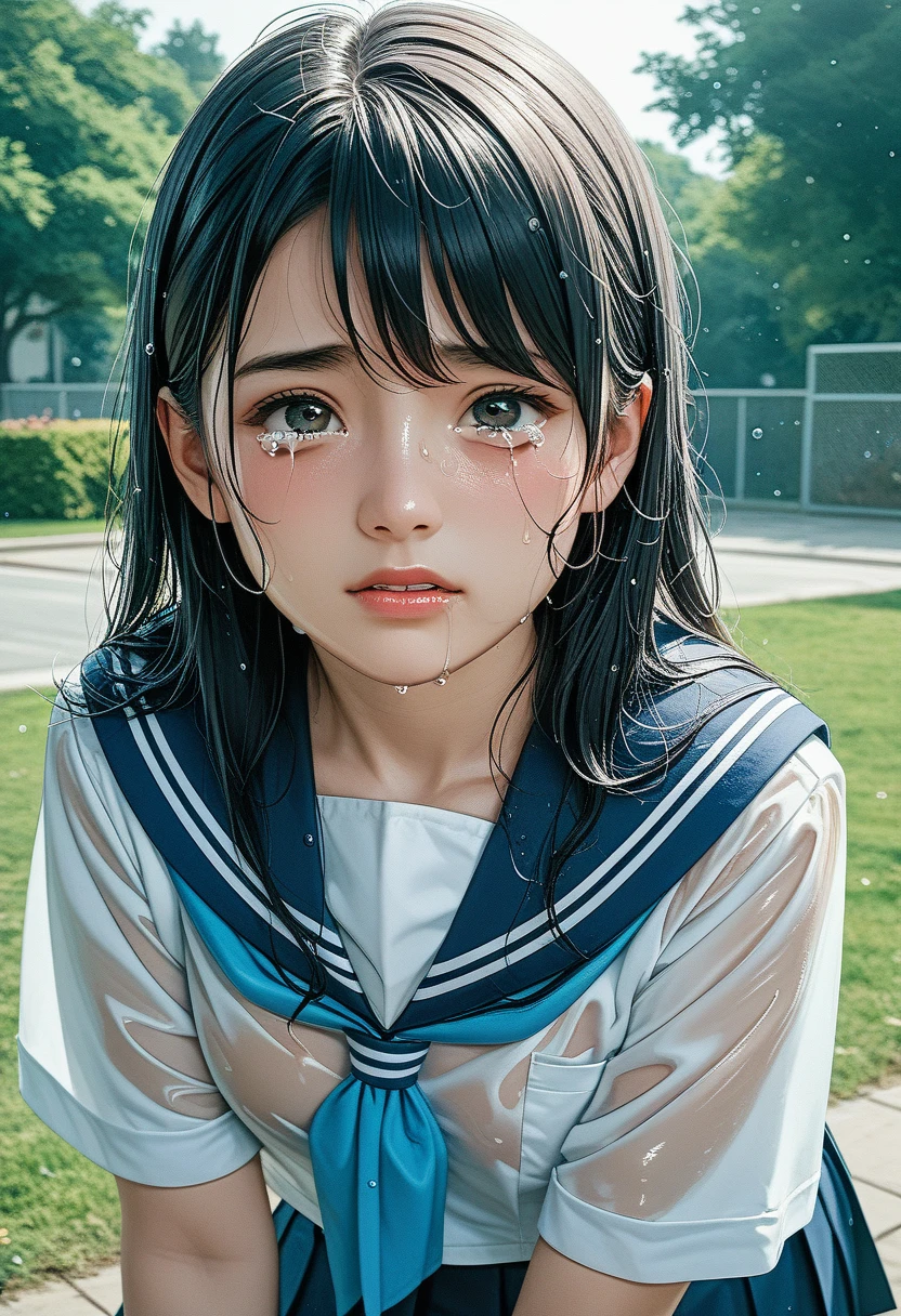 the last crew of a spaceship, astronaut young woman, console panels, galaxy outside window, tears running on her cheeks:1.4, illustration,shading lineart, shading, lineart, 2.5D, Score_9, Score_8_up, Score_7_up,cowboy shot,sad expression, crying,