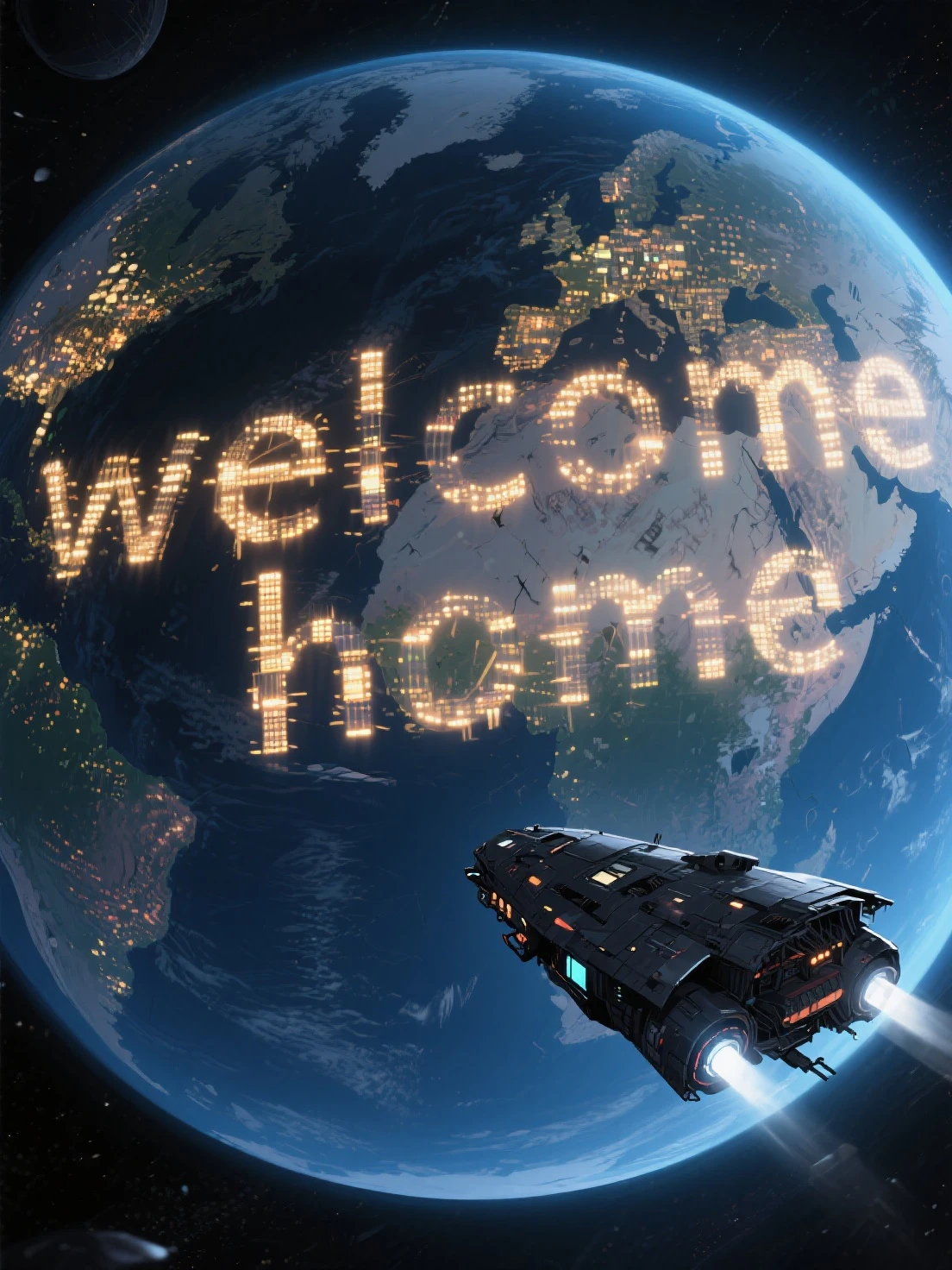 The letters “welcome home” are written on the surface of the Earth in large letters with city lights。
A small destroyed black spaceship leaves the Earth and floats in space,
pixiv art style.