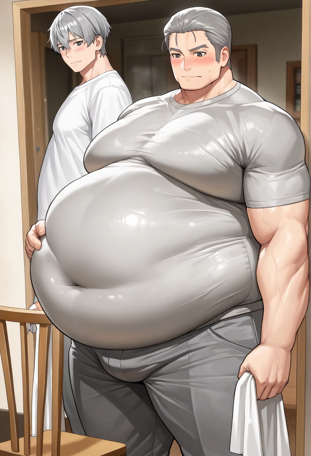 a smiling obese old man, chubby, big fat, detailed realistic portrait, 8k high resolution, sumo physique, side view, perfect center, full view, realistic skin texture, wrinkled face, short hair, thick mustache, jovial expression, huge belly, fat, wearing shorts, high detail, masterpiece, (best quality,4k,8k,highres,masterpiece:1.2),ultra-detailed