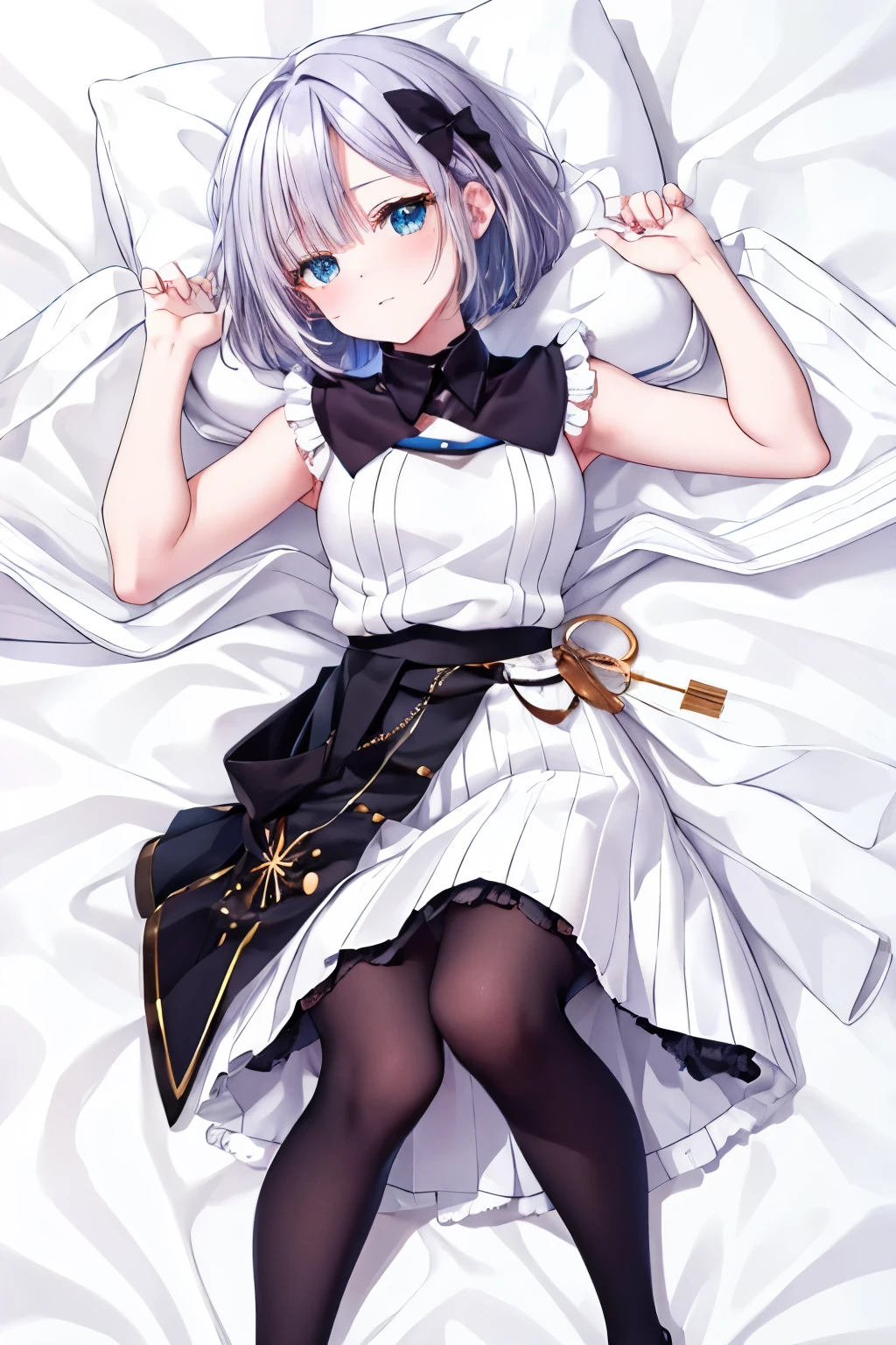 (masterpiece, top quality:1.2), Virtual YouTuber, white sleeveless knit, Black Ruffle Skirt, black tights, long, beautiful legs, bed, white sheets, Lie on your back, angle from above , embarrassed, Seducing Men, Full Body