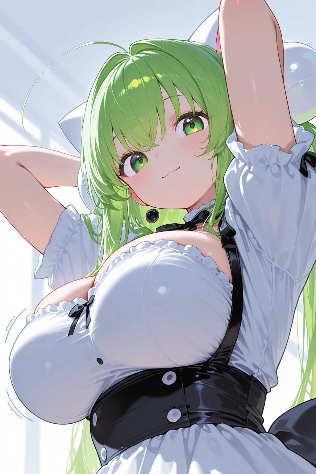 (masterpiece、Highest quality、Very detailed))、One girl、((light green hair))、((Semi-long hair))、Two Side Up、Yellow Eyes、evil smile、((Grin))、((Very large breasts))、((black playboy bunny))、((Thick waist))、((curvy))、((Cowboy Shot))、((bent over))、Bedroom Background