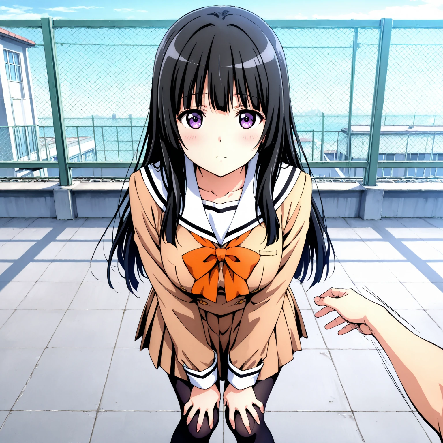 masterpiece, best quality, absurdres, detailed, portrait, 1girl, (Chitanda Eru:1), high school wear, sitting, white panties, squatting, from below, looking down, look at viewer, smile, closed mouth, black knee-high socks, brown loafers. outdoors, city, sky, Beautiful background,Golden ratio,(perfect human anatomy),(Beauty of form:1.4)
