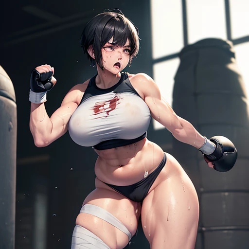Emphasize the crotch,Draw the crotch,POV from below,blush,Drawing the whole body of a beautiful woman,extraordinary beauty,Beautiful woman with big breasts,doing squats,detailed abs,concrete wall on background,basement,detailed crotch,Underwear that dug into the crotch, hair, Sweat,dynamic pose,big breasts,Beautiful woman,toned body,Sweating, high quality, beautiful crotch,Sweat profusely,white skin,black leather gloves,concrete floor,Silver Dish,