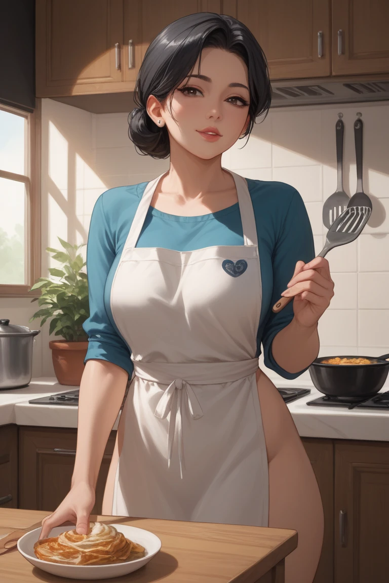 (1girl, Alone, alone), (WakatsukiRisa, Sarada uchiha, black hair, short hair, Black eyes, red glasses), ((Alone, (1woman, (big breasts) pink lipstick, Black eyes), extremely detailed , Soft ambient lighting, 4K, perfect eyes, a perfect face, Perfect Lighting, the 1 girl)), ((fitness, , shapely body, athletic body, toned body)) , ((nude, grey apron, kitchen, window, shy smile))