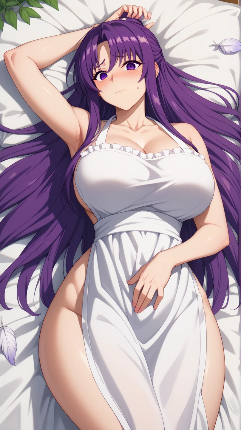 masterpiece, high resolution, best quality, beautiful art, rendered art, well formed hands, body and fingers, 1 woman, solo, Stella Vermillion, adult , grown up, hair ribbon, grown up, mature woman, big breasted, cleavage, wearing a Tyris Flare outfit, sexy and skimpy bikini, alluring body, full body, gorgeous legs, hips and thighs, ryona, in peril, defeated,knocked out, unconscious, closed eyes, lying down on the sand, passed out, exhausted, breathing heavily, sweating, sexy defeated pose, extended exposed full body, bouncing breasts, sexy smirk on her face, defeat and KO scene, martial arts tournament on beach background
