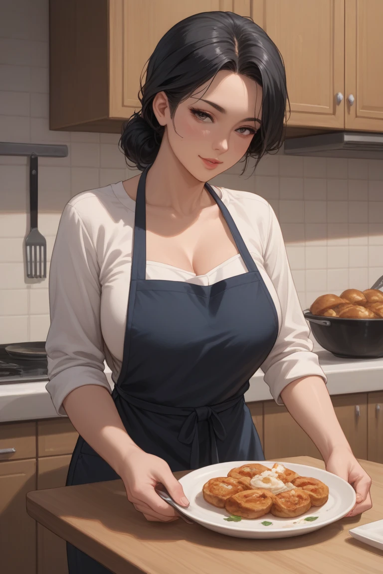 A sexy woman is wearing an apron and cooking with a frying pan。