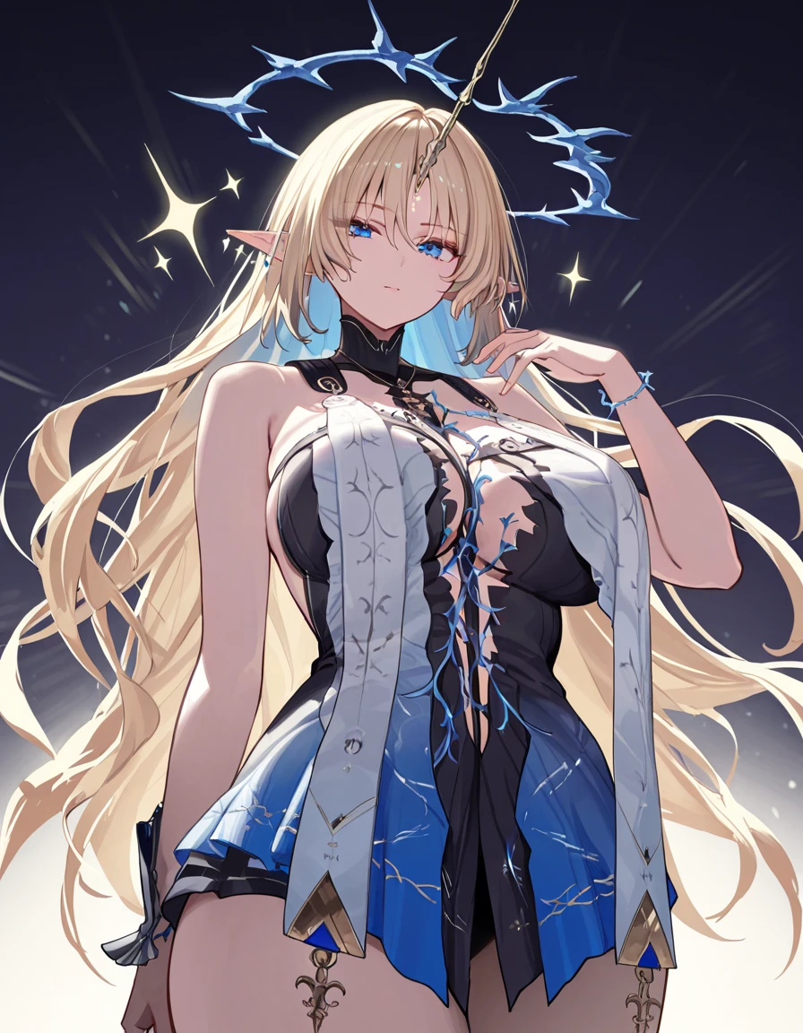 Score_9, score_8_up, score_7_up, ((solo)), looking at viewer, very cute face, vivid colors, commentary, curvy beauty body, perfect body line, very cute girl, fleurdelys \(wuthering waves\), 1girl, blue eyes, blonde hair, solo, pointy ears, long hair, halo, horns, single horn, bare shoulders, jewelry, dress, earrings sparkle, cowboy shot, Dignified expression