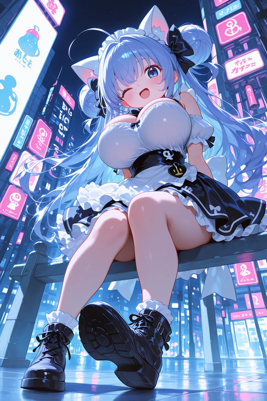 （（ best qualtiy， 8K， tmasterpiece ：1.3））， （（A beautiful woman with a perfect figure ：70.2， ））（（Slender abs ：12））， （（huge tit：70.5）），二重まぶた，（（Leg line：3）），body high：720 cm，hairlength：700 cm，gigantic ass，Thick thighs,Big breasts Thin waist，High socks，lightblue hair，Absurdly long hair，Qi bangs，black sock，Long stockings，blue color eyes，Positive side，full bodyesbian，ssmile，long leges，（（round frame glasses，Russian maid，Black maid outfit，maid cap）），glow blue eyes，Stand up straight all over，Stand on the floor，Place your hands behind your back