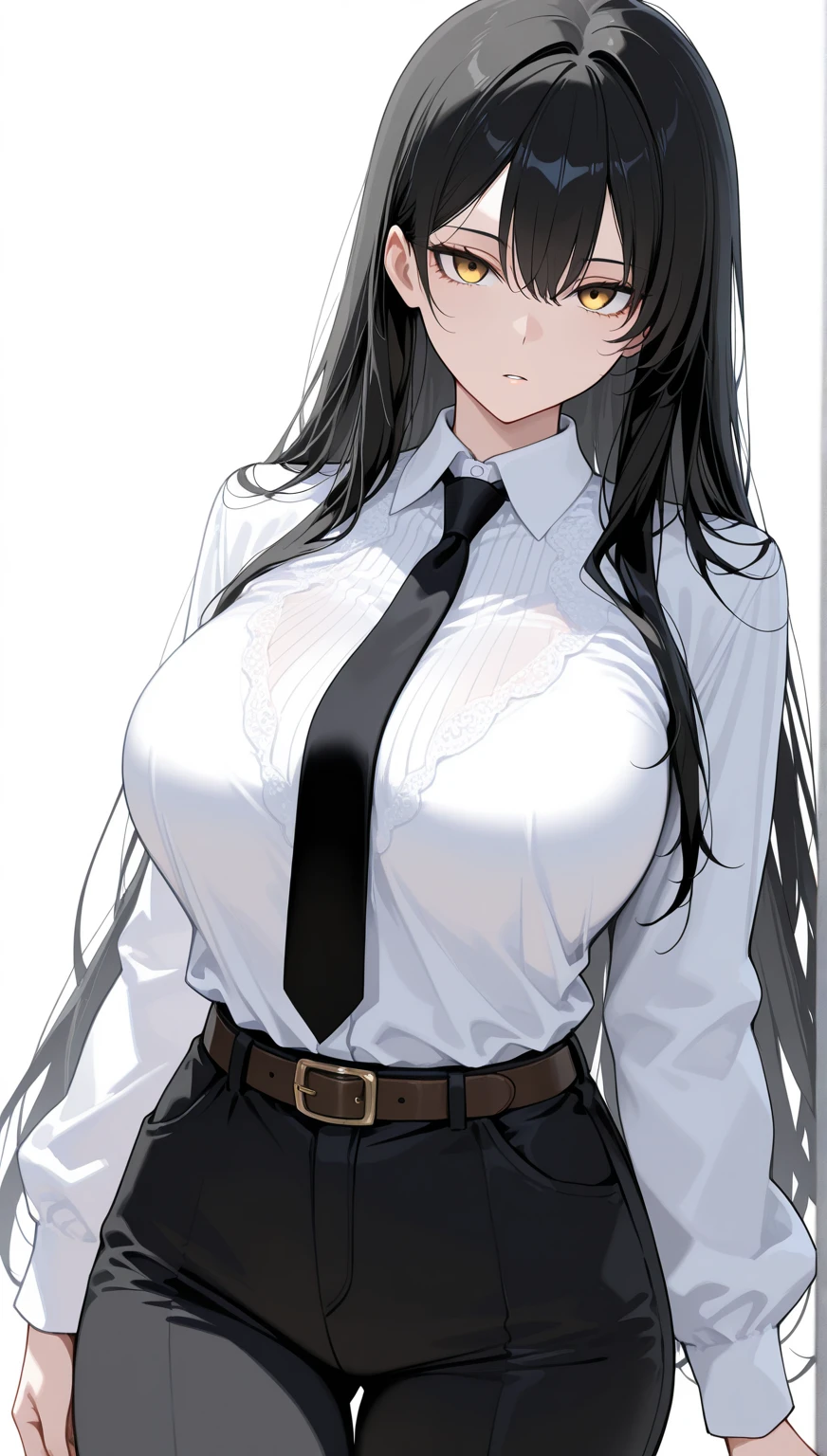 1 girl,CG,Completely naked,huge breasts, black hair, long hair, straight hair, black eyes,((white dress shirt、black tight skirt、Office Lady)),((bullish look)),((white background))