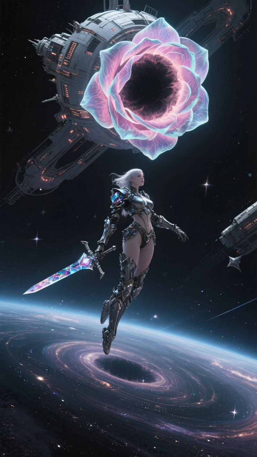 Luciwilde is a sexy cyborg with a entirely electric purple metallic body(obviously mechanical), metal helmet stylized as a fashion model hairdo (no hair visible), and a completely human face. She is flying through space propelled by jets in her feet. She has a guitar with a laser rifle built into it. Full body shot, show all of her, action pose with her weapon, best quality, extreme attention to detail, beautiful face
