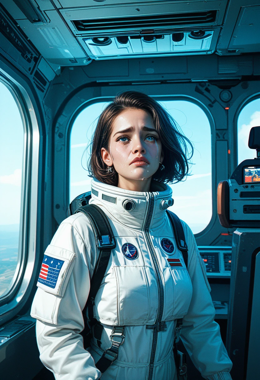 the last crew of a spaceship, astronaut young woman, console panels, galaxy outside window, tears running on her cheeks:1.4, illustration,shading lineart, shading, lineart, 2.5D, Score_9, Score_8_up, Score_7_up,cowboy shot,sad expression, crying,
