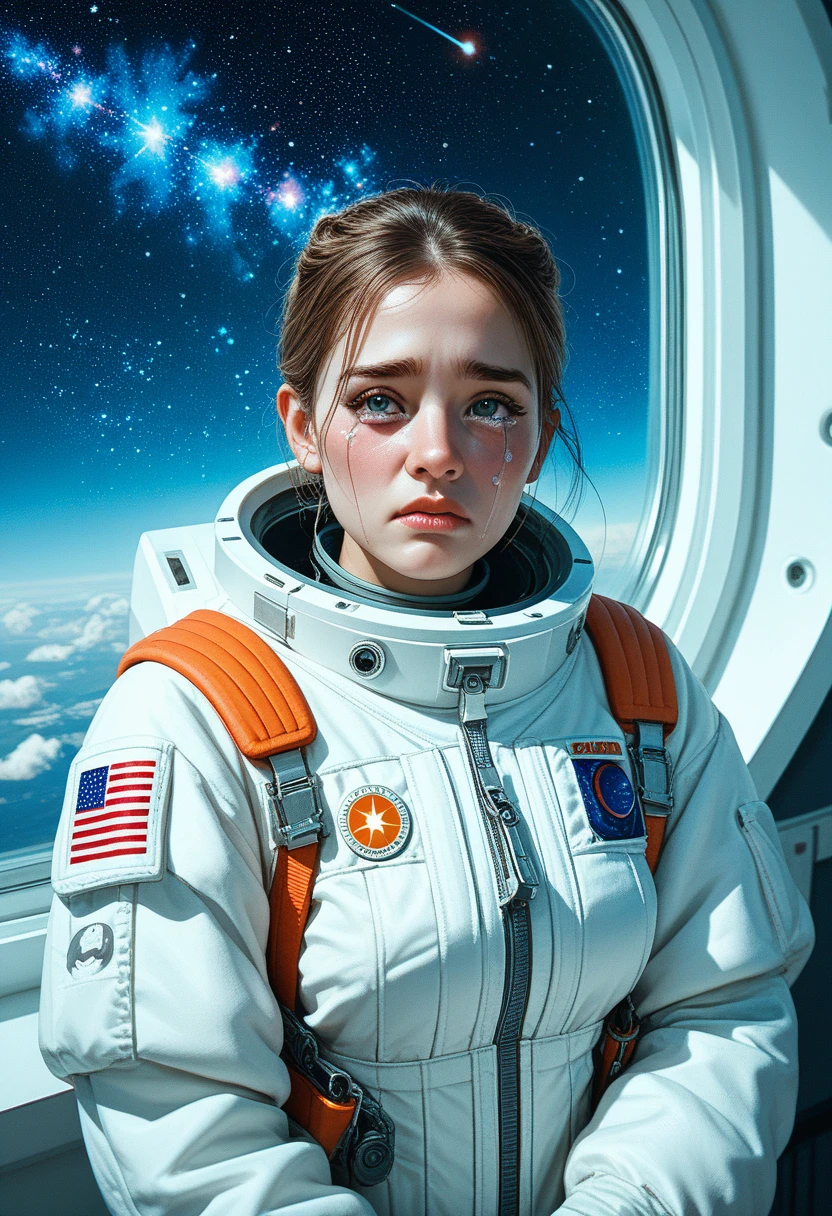 the last crew of a spaceship, astronaut young woman, console panels, galaxy outside window, tears running on her cheeks:1.4, illustration,shading lineart, shading, lineart, 2.5D, Score_9, Score_8_up, Score_7_up,cowboy shot,sad expression, crying,