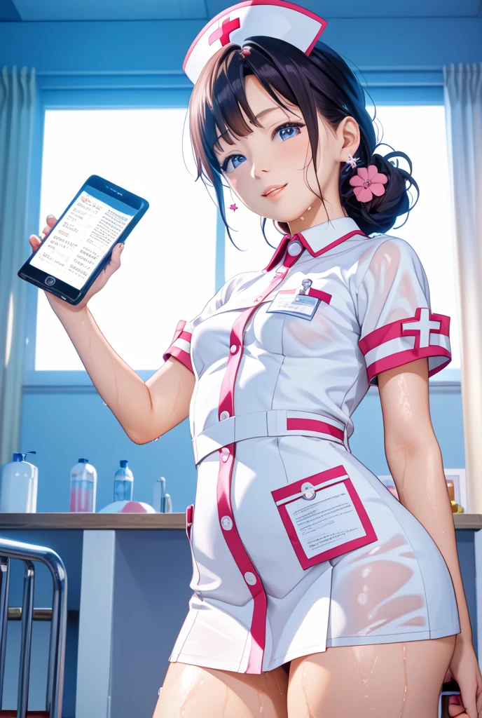Photo_Comparison,Big breasts,,physician,Manteau blanc,eye glass,stethoscope,hospitals,(maturefemale:1),Black hair,Long hair,phone, mobile phone, Smartphone, Holding, , vaginal, Picture