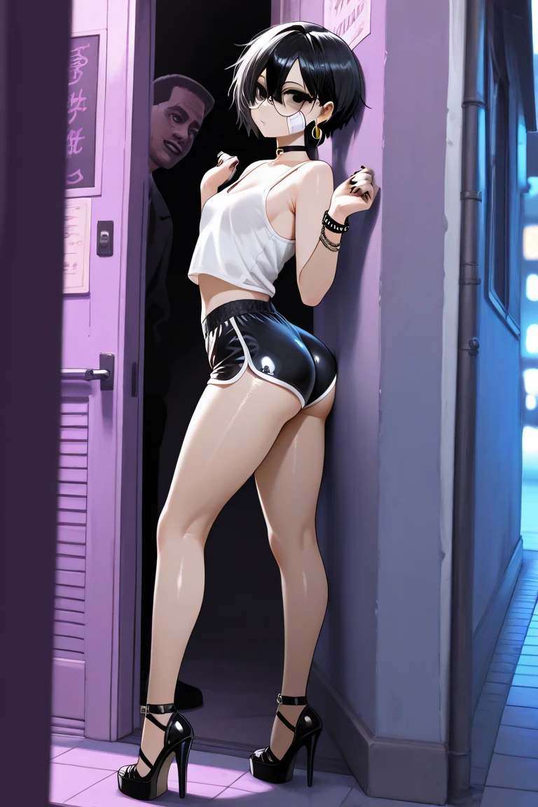 Sexy and cute woman, short black hair, bob style, kind soft delicate eyes, expressive eyes, seductive gaze, deepest pink blush, glossy red lips smiling parted, plump, long neck, visible collarbone, medium chest, stripping off her black jacket, white t shirt with black graphics tucked into black shiny pants, pinned against a wooden wall, intimate moment