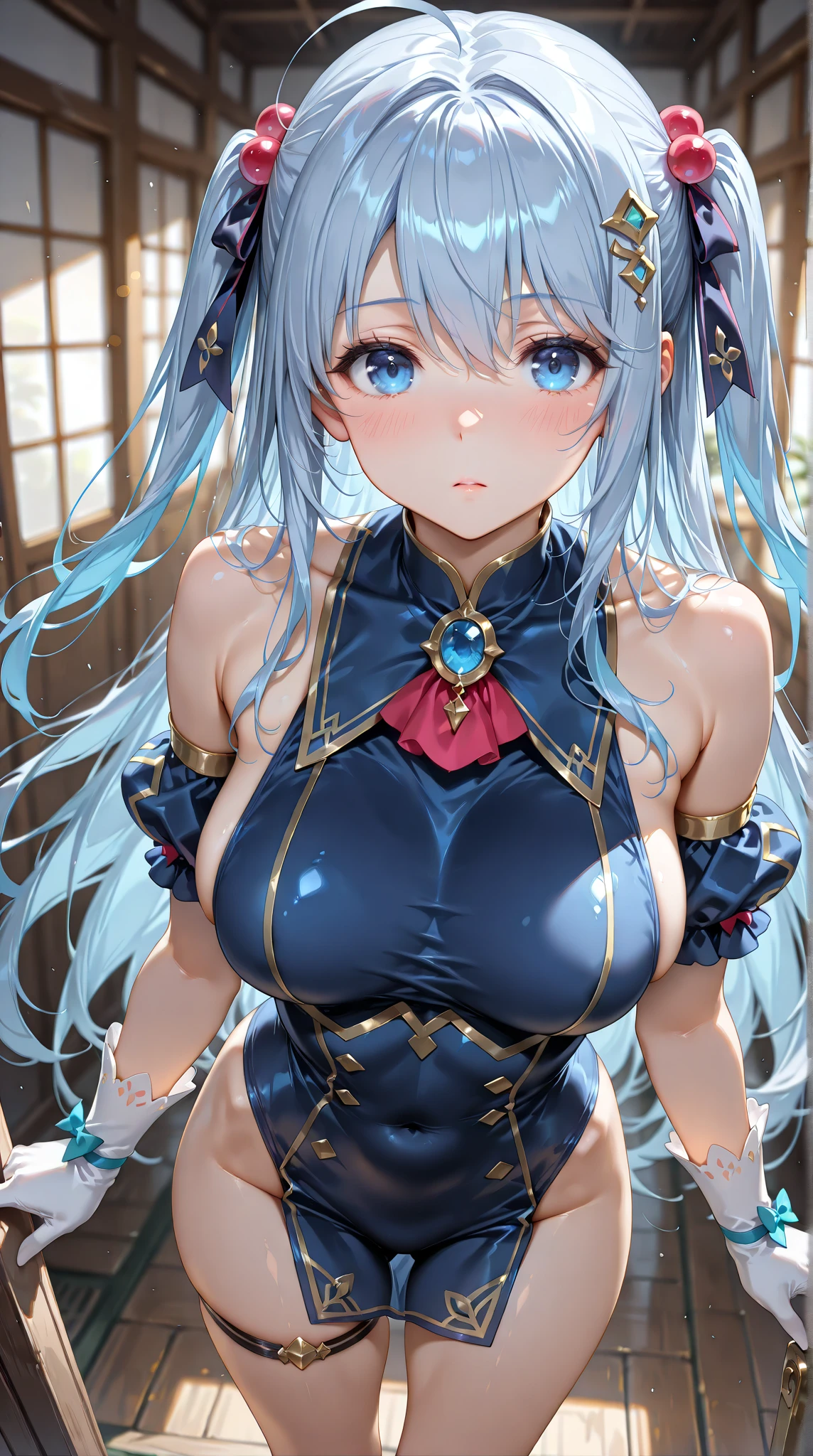 Masterpiece, high quality, 4K, beautiful design, shiny, from the front, award winning photo, extremely detailed, amazing, fine detail, absurdres, highly detailed woman, extremely detailed eyes and face, solo, 1girl, glossy, big boobs, wifs, sparkling fabric, incrusted with jewels, visible midriff , woman wearing a wifs, posing inside a castle with an oriental architecture, golden embroidery, Rem from rezero