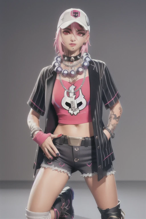 xyzdusty, (realista:1.3), 1 chica, mirando_en_espectador, corto_cabello, rosa, ojos rojos, hen, joyas, gargantilla, Bikini negro, solo, tentoo, Picos, Cuello, neck tentoo, piercings, Collar de perlas, perlas grandes, renderizado de octanaje, cgi, 3D, chaqueta a rayas, white sclera