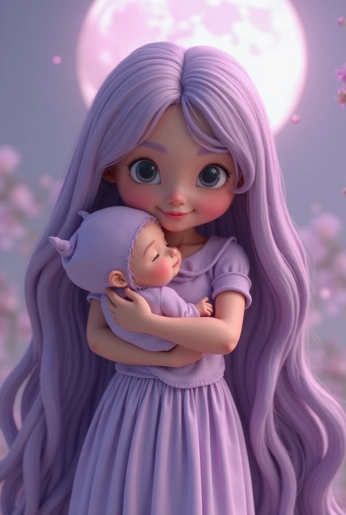 A beautiful white woman with long straight hair, purple hair with bangs and blue eyes, small mouth, dressed in a white lace dress in London, hugging a beautiful white newborn baby with straight black hair, blue eyes, small mouth, dressed in a white dress with pink details 