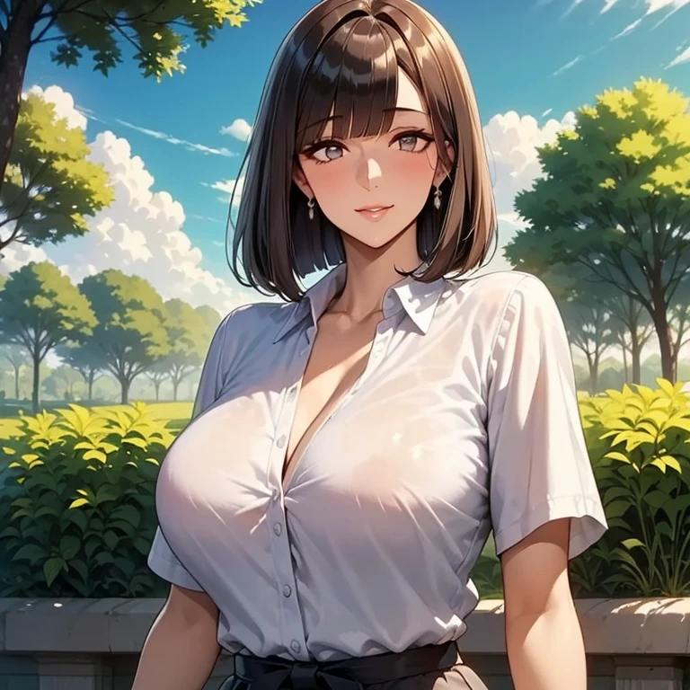 Chica anime con pechos grandes posando en un parque., chica anime seductora, hermosa y seductora mujer anime, chica anime atractiva, oppai, pechos grandes!, Hermosa mujer anime, con pechos grandes, pechos grandes!!, con pechos grandes, marin Kitagawa fan art, [ arte digital 4k ]!!, arte de anime digital detallado, hermosa chica anime, arte suave del anime cg (SFW) (mujer hermosa) (brillo en los ojos) (SONRISA SEXY) (cabello rosado) (SFW) (Boca abierta) (MOSTRANDO LOS COLMILLOS) (gargantilla) 