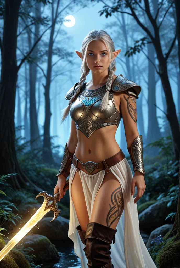 elf woman, white hair, white eyes, slim waist, sikky , full body, best quality, artwork, cinematic, detailed, realistic, detailed face.