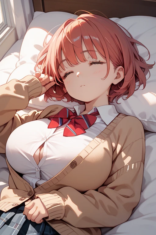 1 girl,
yuigahama yui, pink hair, hair bun, short hair,
(8K, Top quality, muste piece)
white collared shirt,
black micro skirt,
embarrassed, blush,
sitting on bed, wariza
cleavage, sfw, tears,
hands between legs,
night view,
pov, from above,