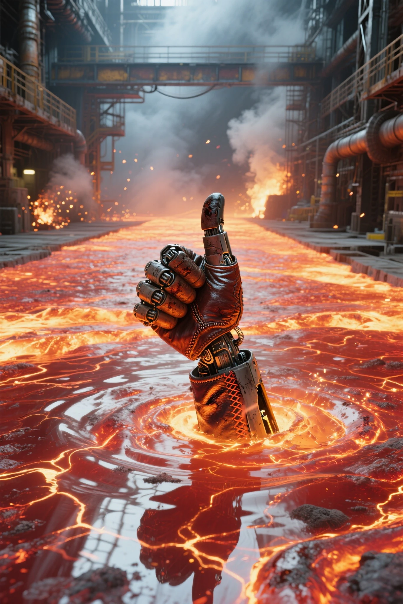 A powerful vertical cinematic shot showing a vast, continuous expanse of molten iron extending from the extreme foreground to the distant background, filling the entire lower half of the image and partially reflecting off surrounding surfaces. The molten iron glows intensely in vivid orange, red, and white, thick and bubbling with flowing ripples, molten waves, and glowing cracks. In the center of this liquid metal sea, a highly detailed robotic hand rises upward in a strong thumbs-up gesture — the thumb clearly above the surface while the fingers remain submerged. The robotic hand features intricate mechanical joints and is wearing a heat-scorched fingerless leather glove, visibly worn and partially charred, with detailed stitching and texture. The surrounding environment is an expansive industrial smelting facility, partially obscured by heavy smoke, ember sparks, suspended steel structures, pipes, and catwalks, all reflecting the intense glow of the molten metal. The entire scene radiates heat and atmosphere, with dramatic lighting, photorealistic metal and fabric textures, heat distortion, and cinematic depth. Inspired by the final scene of Terminator 2, 2:3 vertical aspect ratio, FLUX style