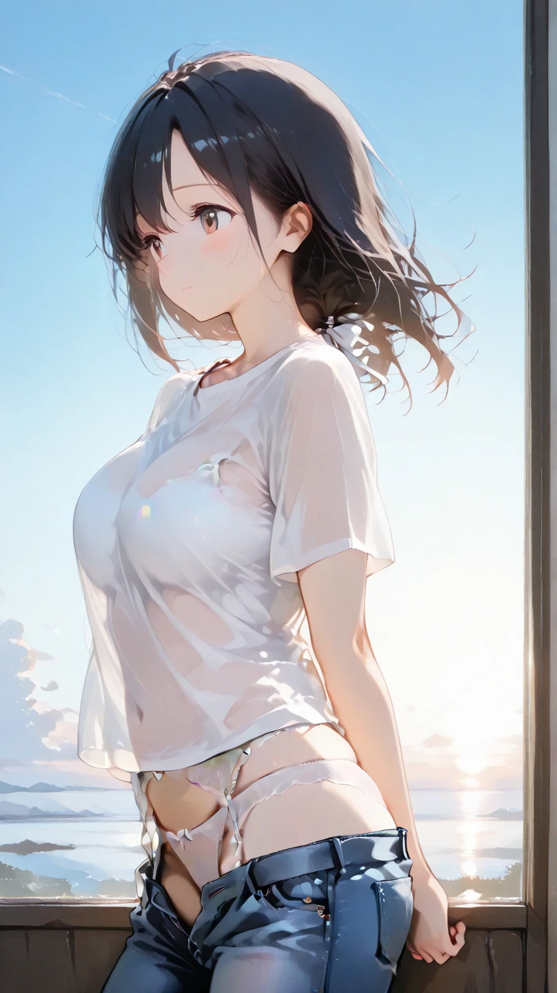 (highest quality:1.4)、(High resolution)、(detailed background)、(detailed beautiful face:1.4)、(anatomically correct)、(detailed facial expressions)、beautiful and smooth skin、beautiful teenage girl、two beautiful girls、(huge breasts:1.3)、cute hair color、braided bob、braided ponytail、realistic、perfect body line、Attractive big buttocks、thick thighs、relaxed atmosphere、cowboy shot、Thin, sheer white panties、Thin, sheer white bra、(underboob:1.3)、(skirt lift:1.3)、cute pubic hair、playfully、
(Two beautiful girls lifting their skirts to show us their panties:1.5)、
Beautiful girl in the sunset reflected on the river while rowing a canoe、Canoeing with a beautiful sunset view as a backdrop、While paddling a canoe in the gentle current、They intentionally splash water on each other while paddling a canoe.、They are smiling, splashing with water, and having fun joking with each other.、With the sound of the river flowing and the wind in the background、My clothes are wet and transparent、
Wear a loose shirt dress made of sheer material with the buttons open、My clothes are wet and transparent、wet、
Sneakers or sandals on your feet、sexual expression、Playfully smiling、panty shot、(underboob:1.3)、cute、cameltoe