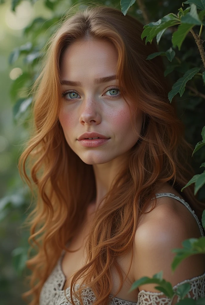 ultra detailed photo of a 20 years old beautiful woman,long wavy redhead hair , thin pointy nose, ultra detailed face, beautiful big dark and light green eyes ,big eyelashes, no makeup, suntan, slender, nude, busty, on all fours, warm natural color, sad face, full body shot