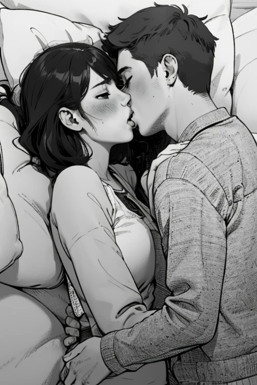 Amazing portrait of a sexy and woman wearing a black and white striped t shirt and a dark green skirt kissing and making out passionately with a shirtless boy on the bed in an intimate setting