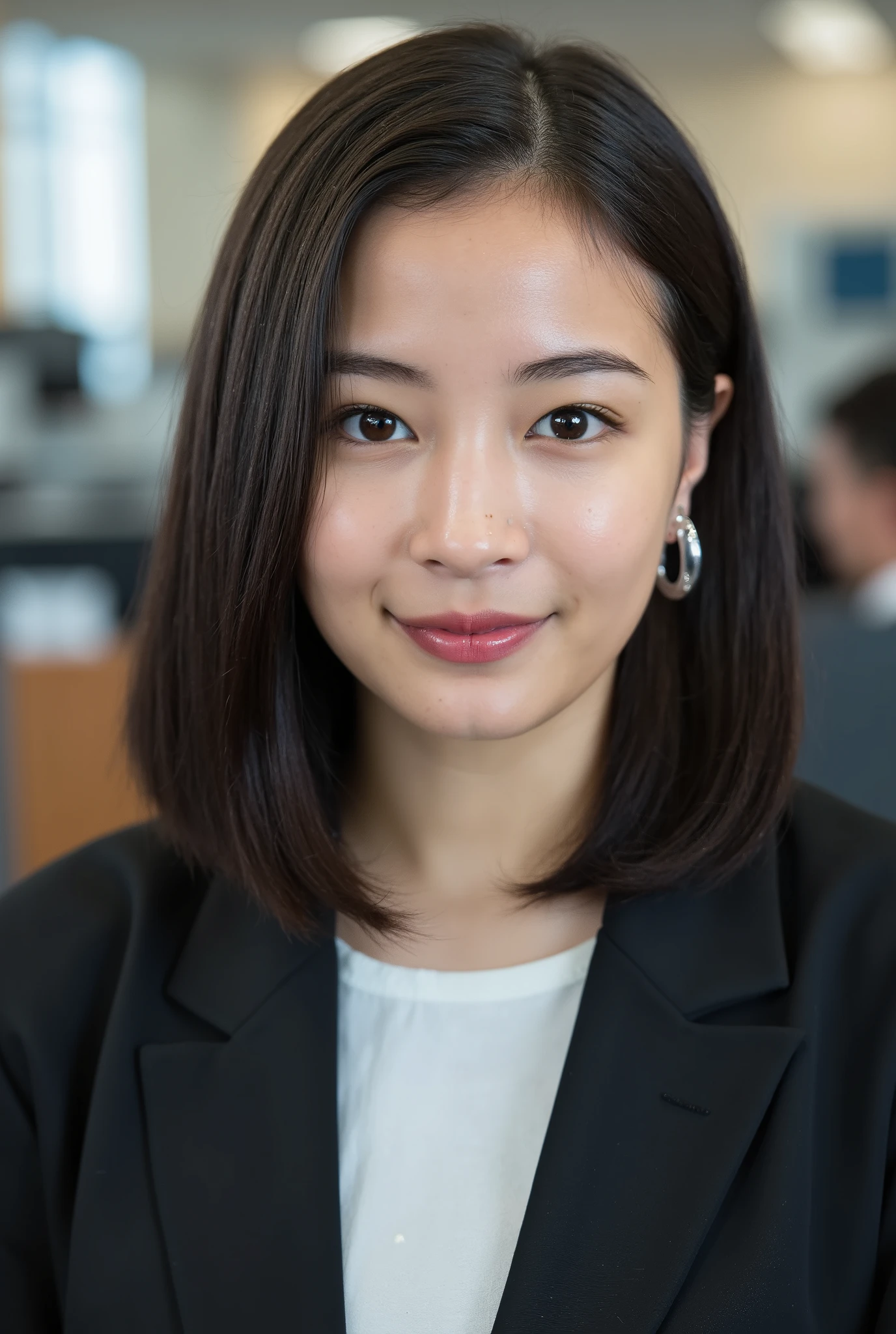 Neat Young Woman、looking at camera、office lady suit、Jacket、shirt、 Ear piercings、necklace、濃いアイシャドゥ、歯を見せた笑顔、、background is office