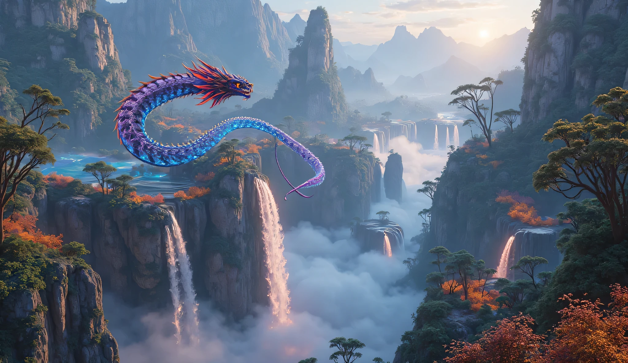 “Create a high-resolution image featuring a rainbow-colored ascending dragon against a background of a traditional temple, with a peaceful and sacred atmosphere. Add gentle floral elements and soft glowing light around the dragon to enhance the divine feeling.”