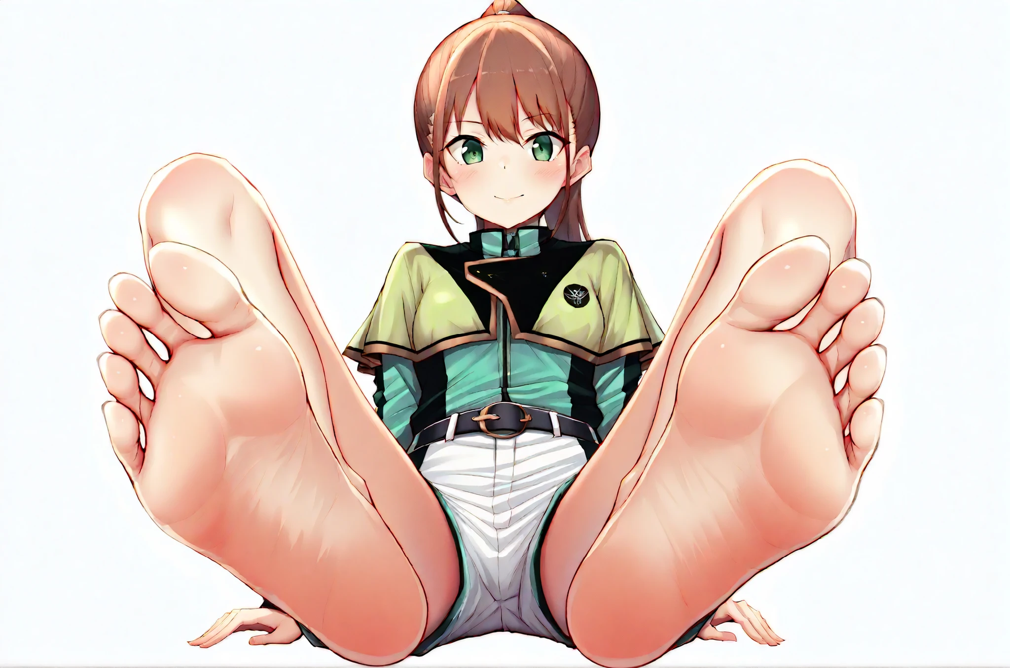  feetを上げて地面に座っている, ハイ only , feetの下からのミッドビュー, woman sitting on very detailed ground in an enigmatic coffee shop、feetを上げている、feetを上げて地面に座っている,  feetのポーズ, Asian、, 詳細なfeetハメ撮り, low angle abdomen, beautiful face with arms and legs in a mysterious coffee shop　謎めいた喫茶店で,  nearby streets with poor visibility, (softwares)  COLLECTION STATION, プロフェッショナルなfeet撮影, Hayami Sena   , green eyes, brown hair, Black Belt, green capelets, green jacket, white shorts, long sleeve, ponytail , feet,  only , 裸feet, feetを拡げて地面に座っている, feet裏

