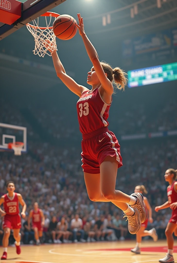 photo of a 18 year old girl,basketball player in a red shorts jumps in the air,holding a ball in her hand and shooting it towards the hoop,happy,laughing,looking at viewer,basketball court,ray tracing,detail shadow,shot on Fujifilm X-T4,85mm f1.2,depth of field,bokeh,motion blur,<lora:add_detail:1>,