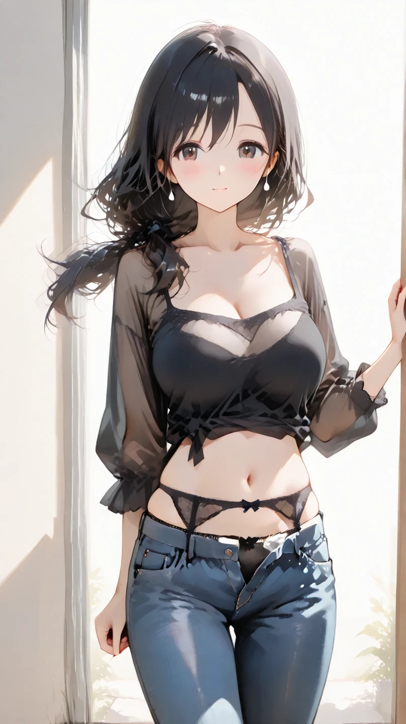 top quality、Top image quality、Masterpiece、girl with((cute little、18 years old、best bust、medium bust、Bust 85,beautiful blue eyes、Breasts wide open,Black hair ponytail、A slender one、Blue hairnet、Beautiful black petree t-shirt、Pretty black skirt,))high quality、beautiful art、background with((big white room、White curtains、white lighting)),on the table、Well-designed、visual art、depth of field、best lighting、most detailed、8k