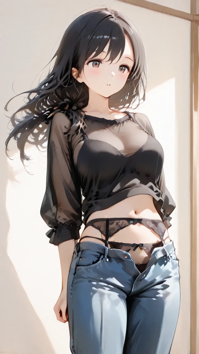 master piece、Highest image quality、highest quality、 ((panic))、glossy hair quality、small face、sitting、Super detailed and beautiful bright eyes、Super detailed clear and beautiful face、(cute illustration:1.2), High-resolution, ultra-detailed, best quality, embarrassed、(Belly shorts gap).(Cute underwear that can be seen at a glance)、off shoulder