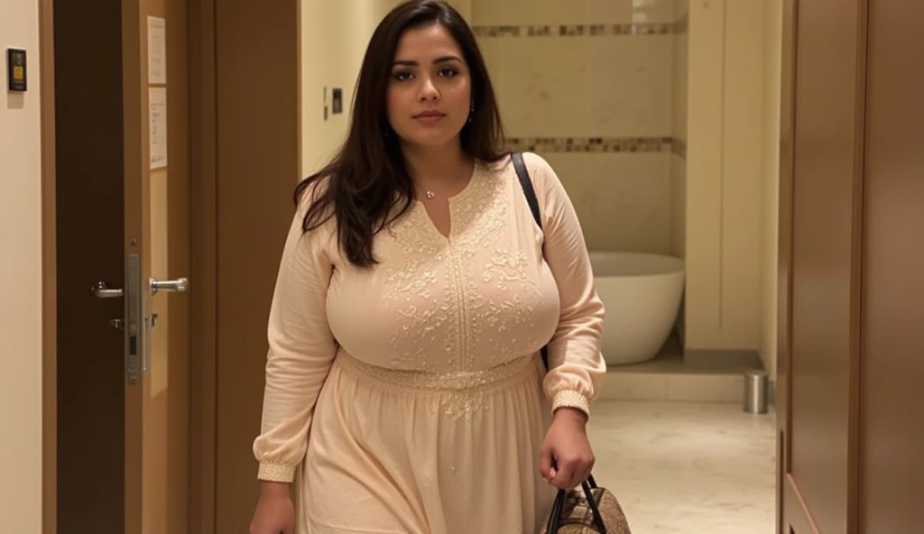 Young Moroccan housewife, chubby, moroccan pyjama, going out, shopping, city, jellaba, mobile photo, close photo, warm scene, soft skin, glossy lips, small waist, sweat, 