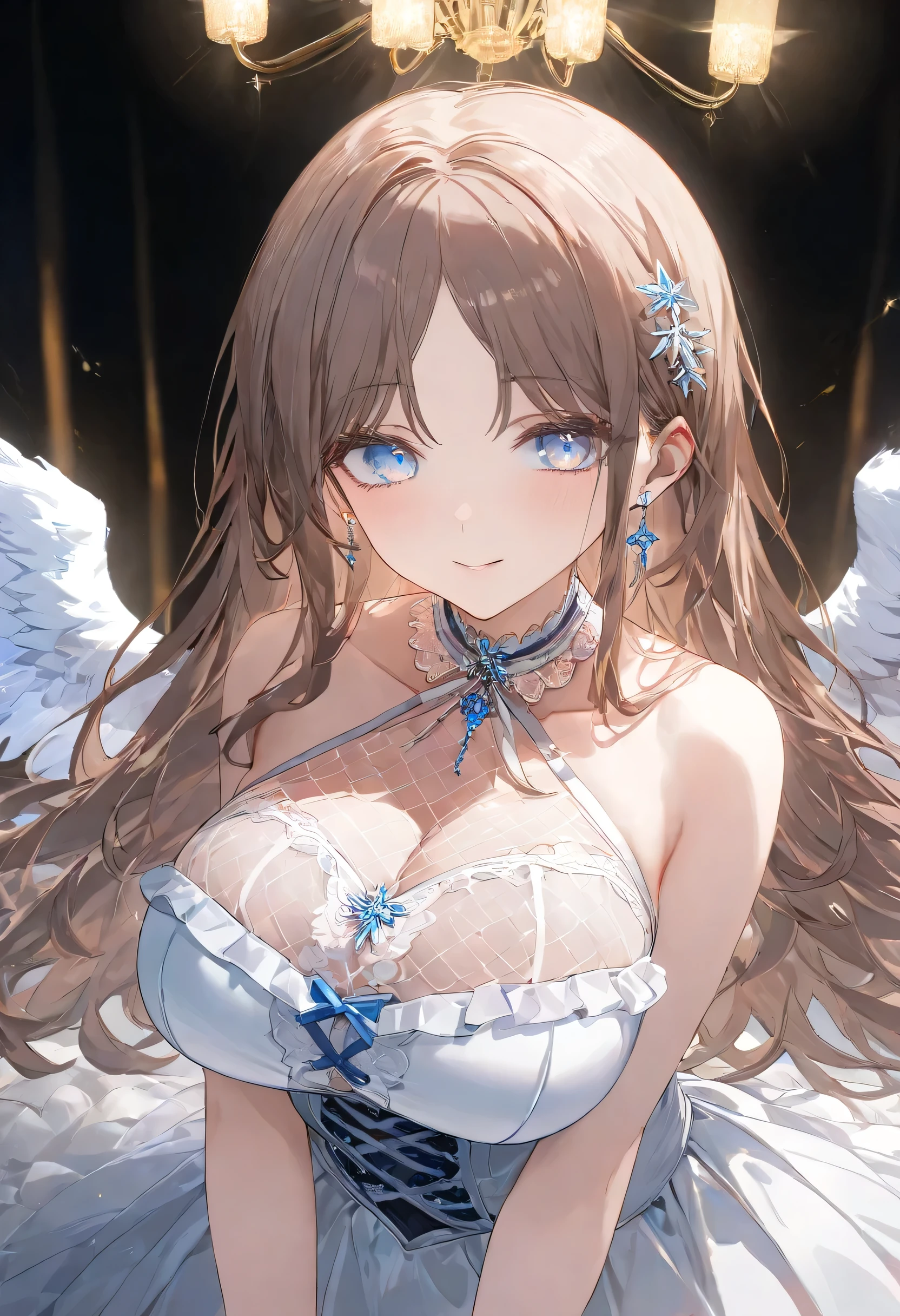 ( top quality , 8k , masterpiece, ),   younger , 1 person ,  Extremely Elaborate Eyes and Face   , pale chestnut brown hair  、  fluffy long hair、( pale blue eyes：1.2 ) ,(Innocent笑顔：1.5)   , (  lace white dress、 with collar、lace tights、see-through、 corset top 、 lace opera gloves、halter neck with blue hair)  、(big breasts：1.1)、live stage with frills、symmetry、(fishnet bodystocking：1.2)、(Mesh pattern：1.5)、high leg、sleeveless、off shoulder、(don't show breasts：1.5)、 face、Innocent、face、angel
