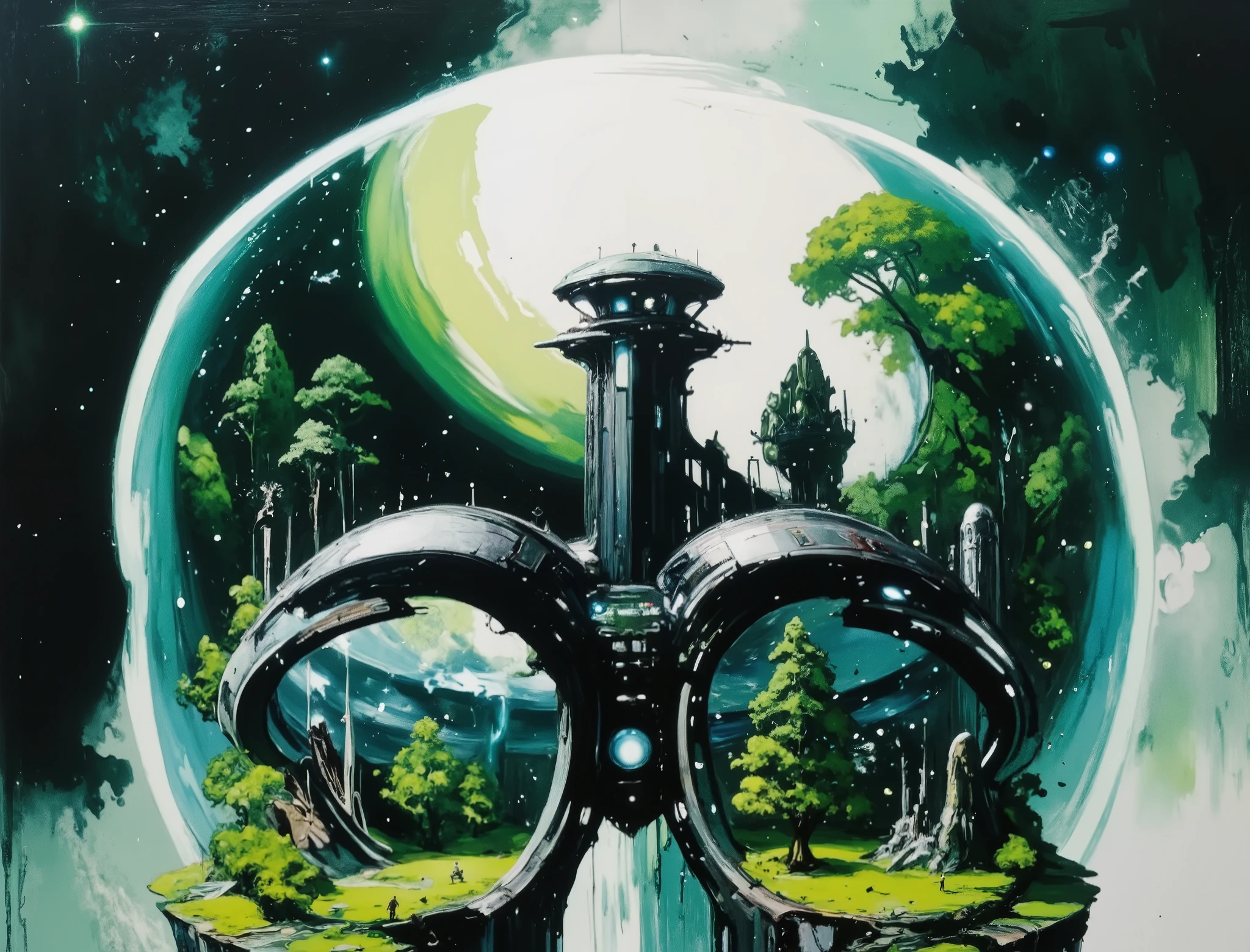 Anime style, black and blue celestial force field, space control tower, arches and technological metal structures, trees of various types and colors, black green and white space background with stars, HD, so many details, black and dark colors background, miniature people, Realism, pine Trees in some parts intricate detailed Mixed media Style of Moebius and Studio Ghibli, Clean, Clear, Detailed and Precise, vibrant, dark fantasy, typography, painting, poster, graffiti, cinematic, 3d render, architecture, conceptual art, illustration