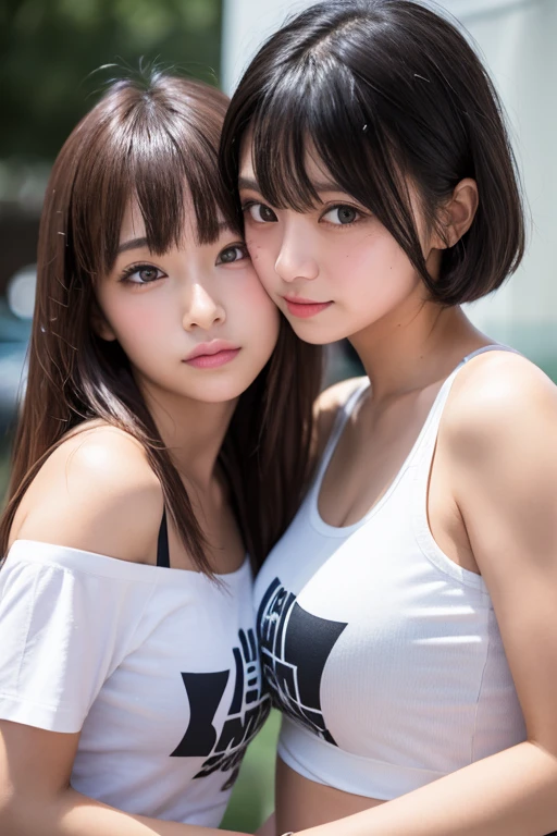 Identical twin sisters having fun,chaos:1.2, :1,2, Weird:1,2, NSFW:1,2, lesbian yuri:1,2, kissing, red face, wear a tank top, hot summer day、P cup breast,white panties,Dripping sweat