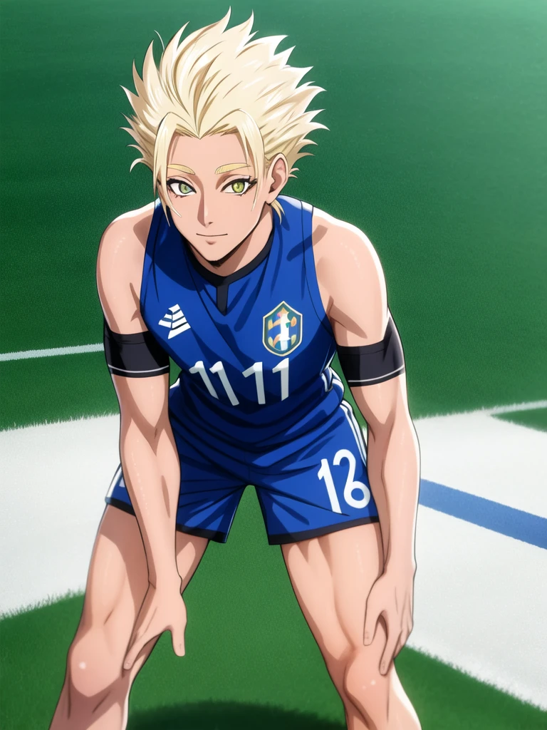 (masterpiece:1.4),(best quality:1.4),(shiny skin),realistic, <lora:shido:1>, 1boy,Shido, SOLO, a man wearing white ZBK_uniform , standing, soccer stadium background, blonde hair with pink highlights, brown skin, pink eyes, full body shot, looking at viewer, soccer ball, green grass, people in the background, <lora:dishwasher1910Style_v11:0.4> , detailed eyes, detailed face,