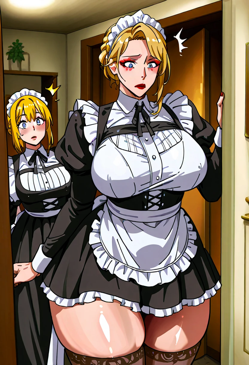 Damian Wayne(aka Robin/Son-of-Batman) transformed into a female blonde bimbo with gigantic breasts with erect nipples and thick lips and is dressed as a maid.