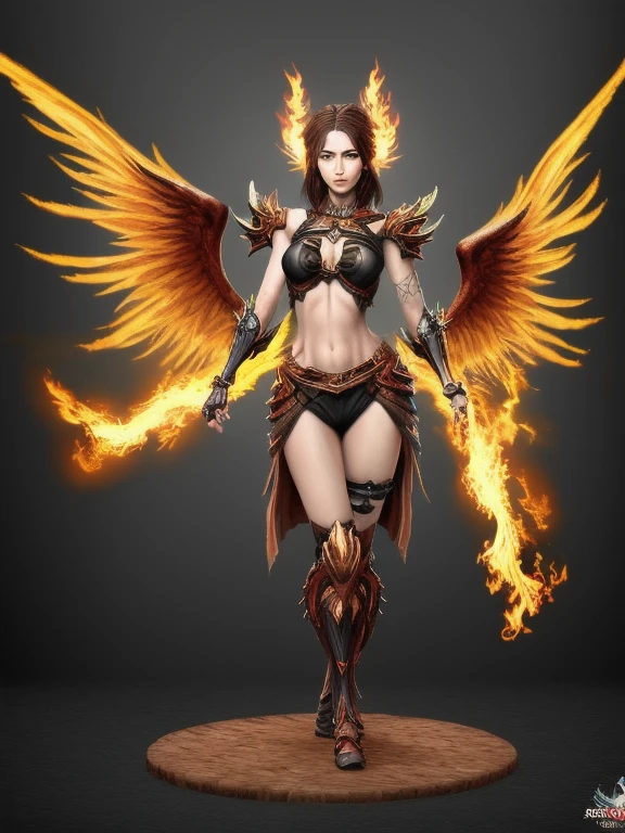 This surreal image spans the length of an erect phoenix. It has very long wings, a flaming yellow, orange-red tail, beautiful wings decorated with flames and beautifully decorated works of art. and a beam of light came out In a cool hero pose There was a gray haze spreading behind.