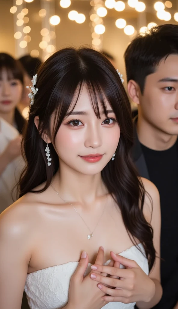 (Highest quality、High resolution、masterpiece、high resolution:1.2)、One Woman、20 year old Japanese woman、Cute female college student、((silk dresses、Semi-formal dresses、party style、Wearing gorgeous clothing:1.2)、Look at you with a gentle smile、looking at the camera、A gentle smile、Detailed face and eyes、Beautiful eyes、Dark brown hair、Straight Hair、Medium breast、Beautiful breasts、Off-the-shoulder dress、Beautiful clavicle、Thin arms、Dark brown eyebrows、(Glamorous evening party、Summer Ball:1.1)、Bright lighting、Professional Lighting、Wearing nice accessories、Beautiful feet、tiara、upper class、Adult social gathering