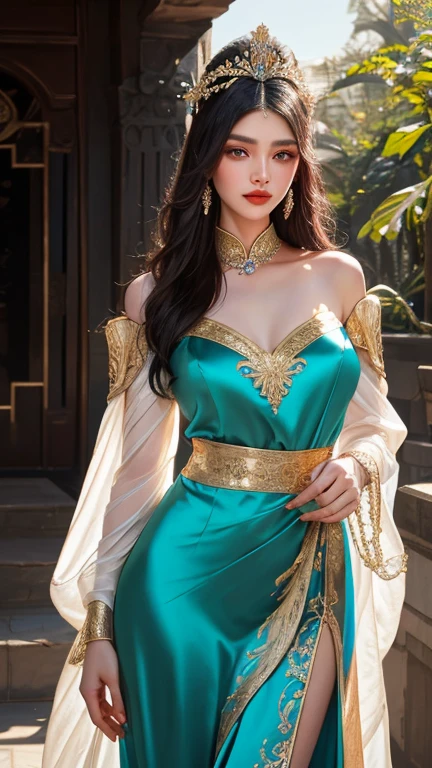 High resolution, Full-body shot of the Beautiful Goddess of Sexuality,
A Hyper-realistic, Detailed image of a Breathtaking Princess, a mesmerizing blend of young Monica Bellucci and Kpop idol,
Royal Blue Eyes, shimmering with an alluring intensity, casting a captivating gaze upon the viewer,
Adorned in a Luminescent Green Satin Dress that elegantly hugs her curves, revealing her hourglass figure,
Regal Jewelry Set enhancing her divine beauty, glinting in the soft light, a crown of diamonds resting on her head,
With a Plunging Neckline