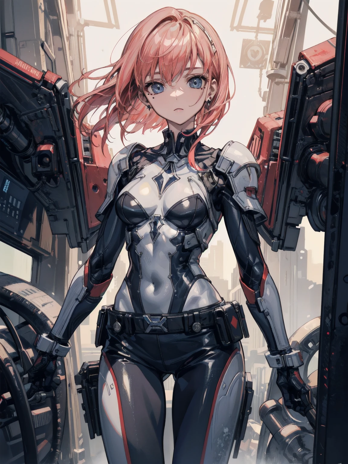 ((Full body):1.5), Only one ((woman+cyborg):1.2), with black mecha clothing with white parts, extremely tight on the body, ((extremely large and hard breasts):1.2), she has ( short mohawk pink hair and blue eyes):1.2), ((blood all over body)1.2), doing erotic pose, looking at viewer, little smile, she is in a futuristic headquarters with ((5 robots+red+dinosaurs with parts in black)1;2) behind her looking at her.