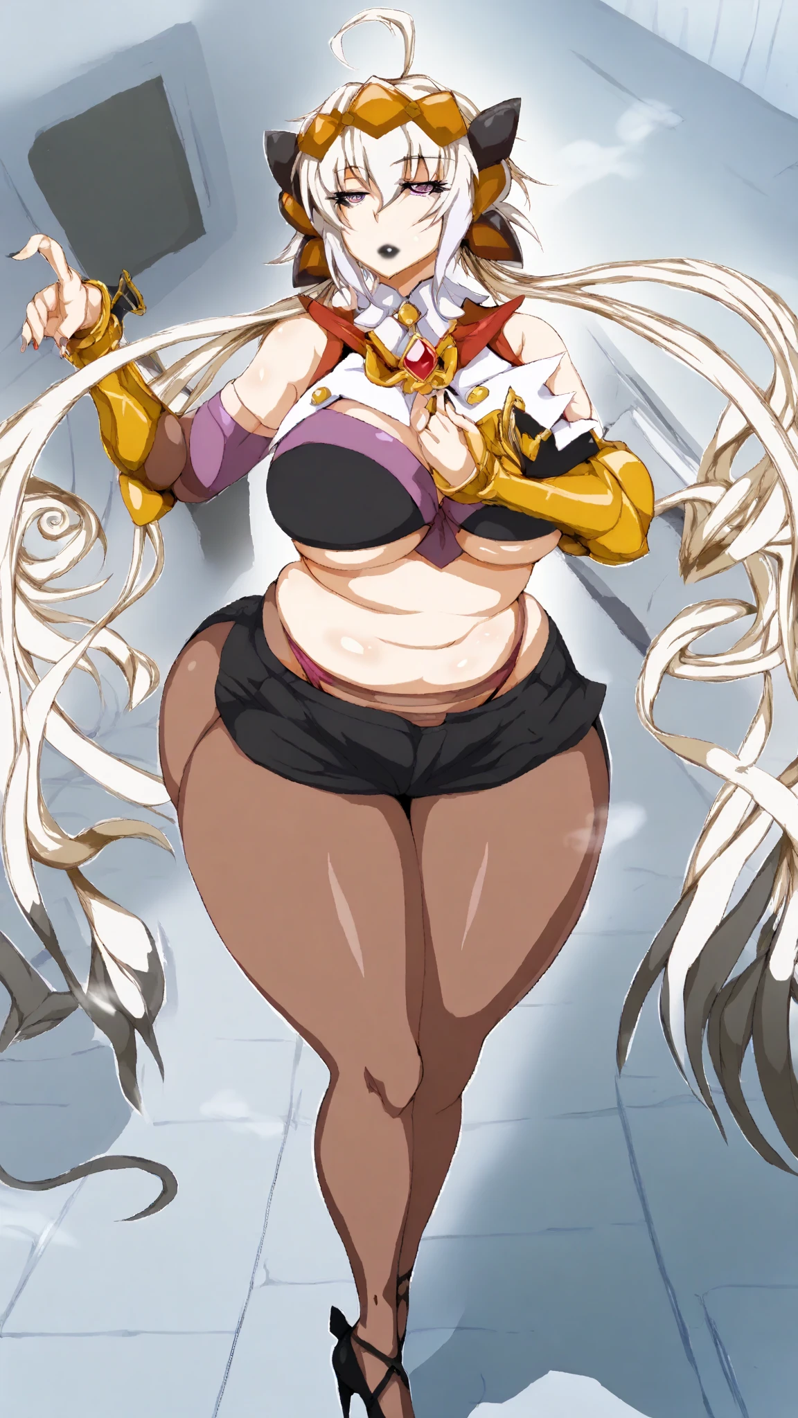 ((BLACK BACKGROUND,1:2, masterpiece)) full body MILF BIMBO standing with two long thighs and two metal sandals, red eyes, two-tone hair, brown hair, purple hair, long messy style hair, big breasts, cleavage, separate sleeves, tiara royal, long cape up to two feet, yellow bikini, hands on waist, navel, toned body, lustful smirking smiling, smile face (red blushed, red cheeks), metal shoulders, gold sleeveless armbands, black leather choker slave collar (leather choker with big golden bell), shackle bracelets, red crest, pauldrons, breastplate, leather corset, eye focus, full body, whole body, 1solo, loincloth standing, hands on hips, big belt, view from below, feet together, bracers, tiara)
