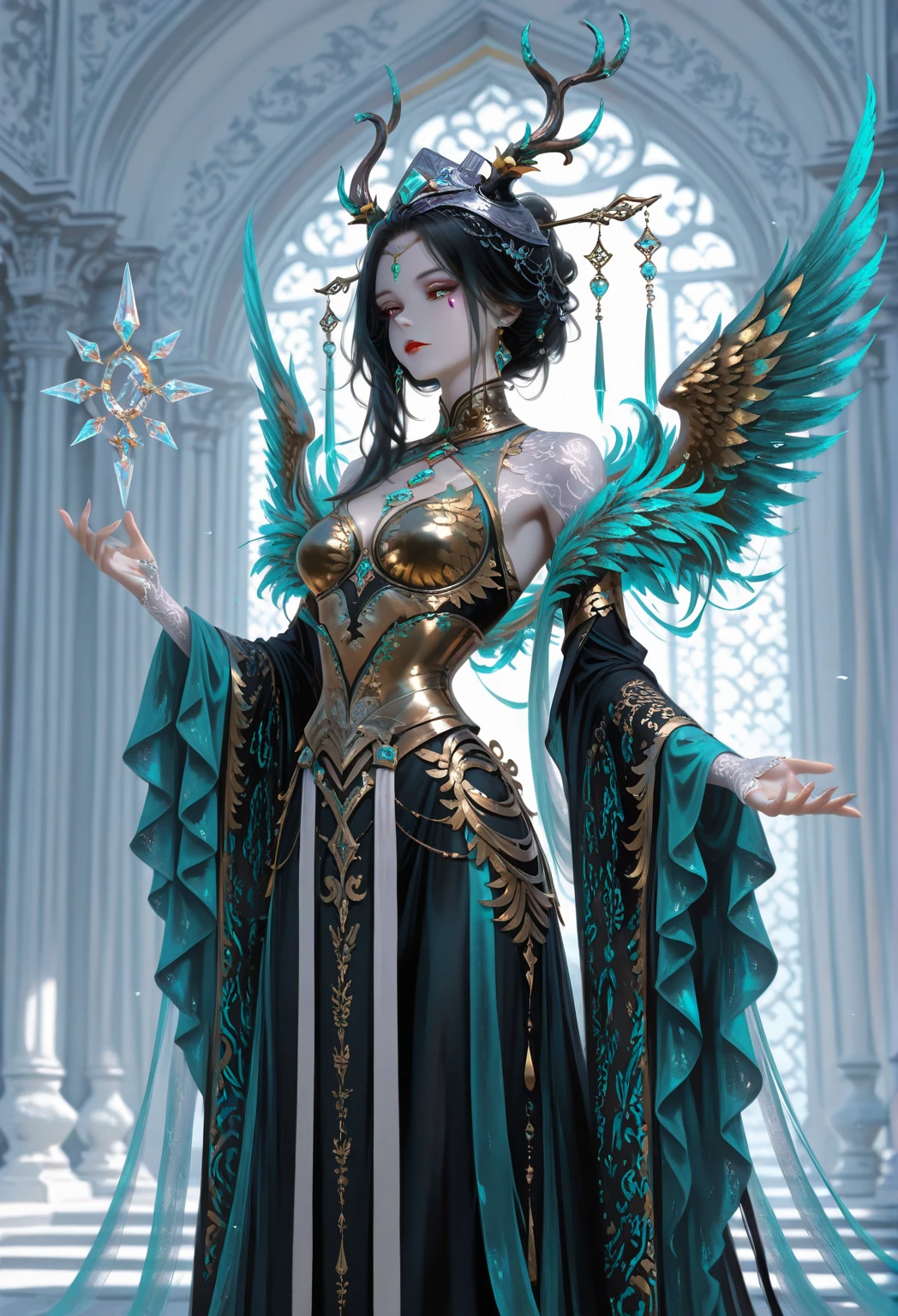 (masterpiece, superior quality, best quality, official art, beautiful and aesthetic), Brazilian, black, detailed face, sexy body, long black hair, full body, violet top and pants, celestial, cosmic, extremely beautiful, highly detailed , (galactic in background), light effects, more detailed, floating particles, ancient runes, geometric patterns, witch powers, mana, shadows, fog, smoke, fantasy, charm, epic atmosphere
