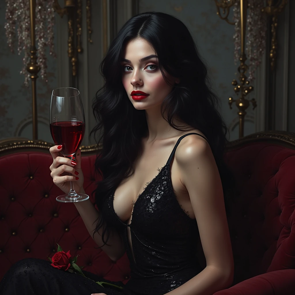 Photo of a beautiful sexy female vampire model holding a red drink while sitting on a luxurious chair.. Dan ada papan nama ridwangrapher